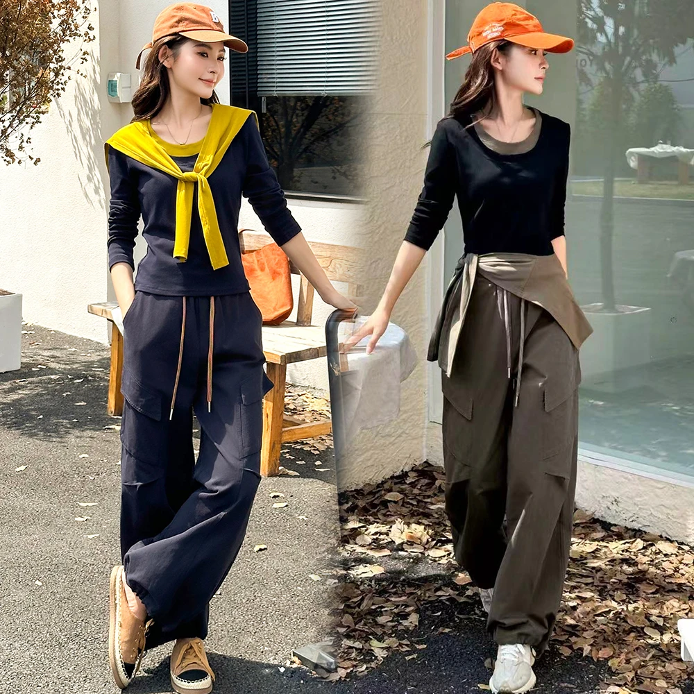 时尚套装女2025秋季新款修身显瘦长袖撞色T恤披肩工装裤三件套潮
