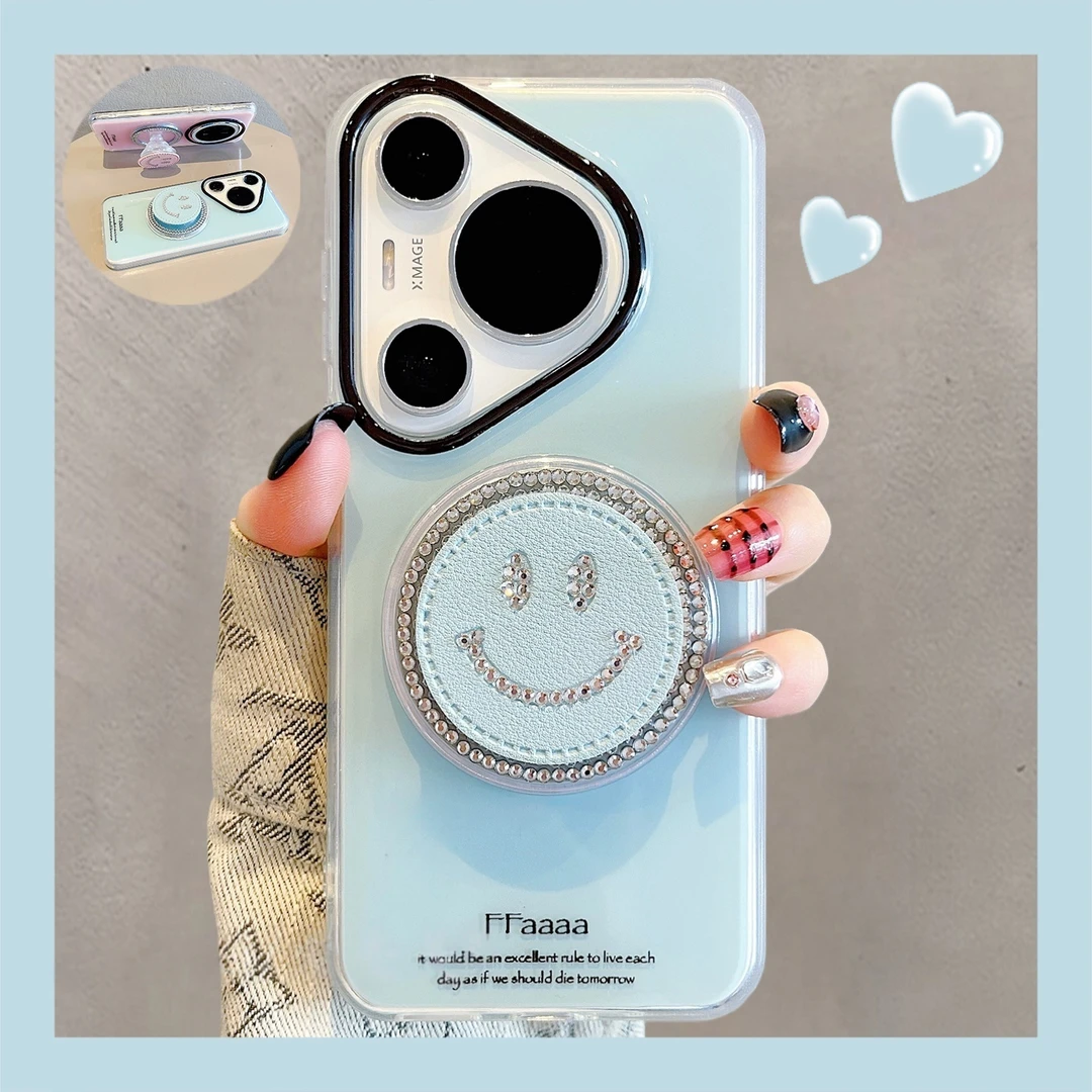 适用于华为pura80pro+手机壳纯色双层磁吸壳镶钻笑脸皮质支架防摔