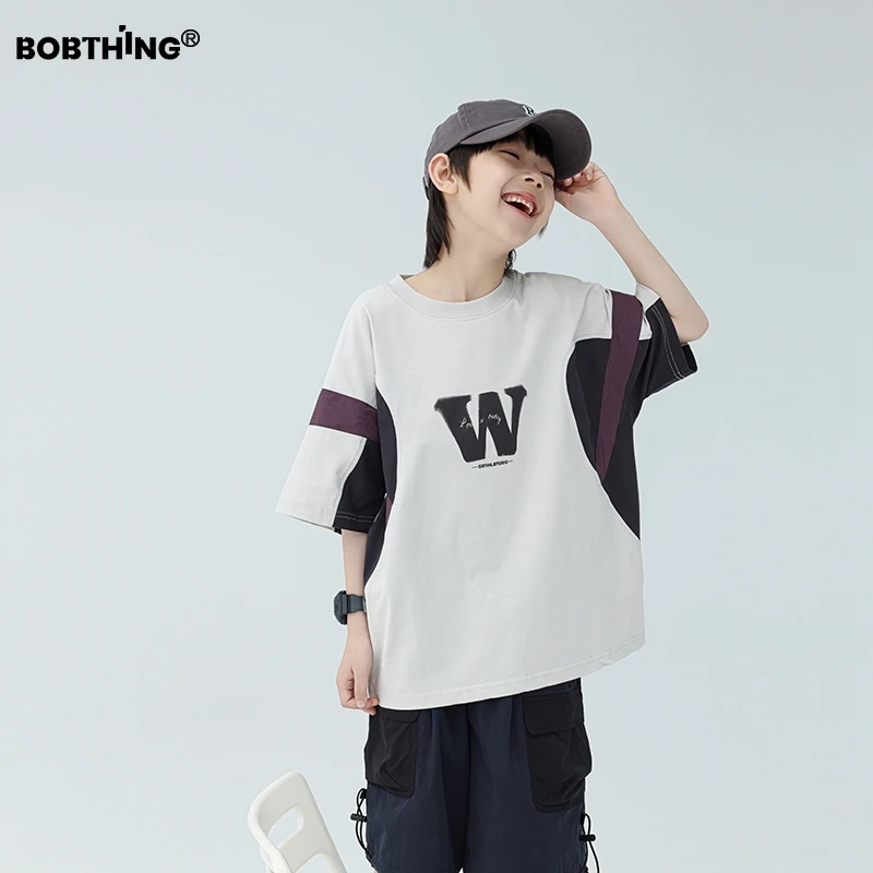 男童夏装2025新款儿童装字多撞色拼接短袖T恤衫中大童半袖打底衫