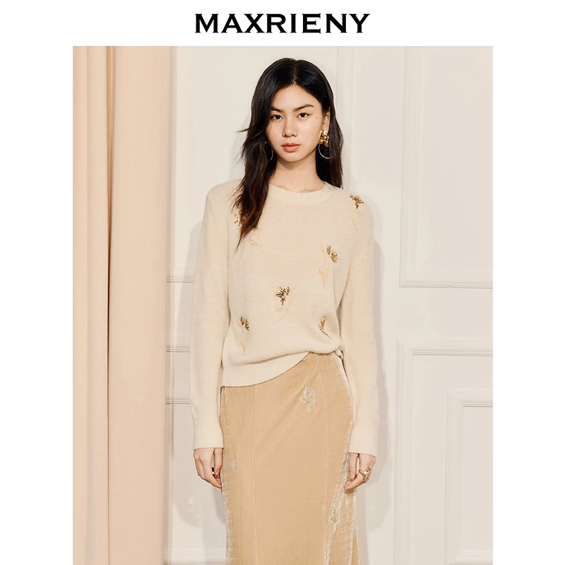 MAXRIENY复古柔焦花卉风套头针织毛衫女25冬款田园风花朵毛衣上衣