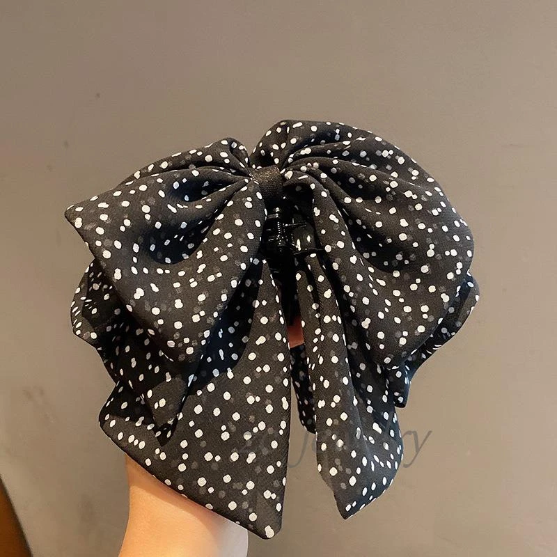 韩版波点欧根纱气质百搭飘逸蝴蝶结发抓仙女头扎发夹女马尾抓发卡