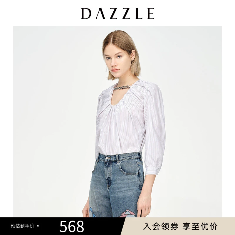 DAZZLE地素荷叶边褶皱长袖圆领衬衫2D1D522