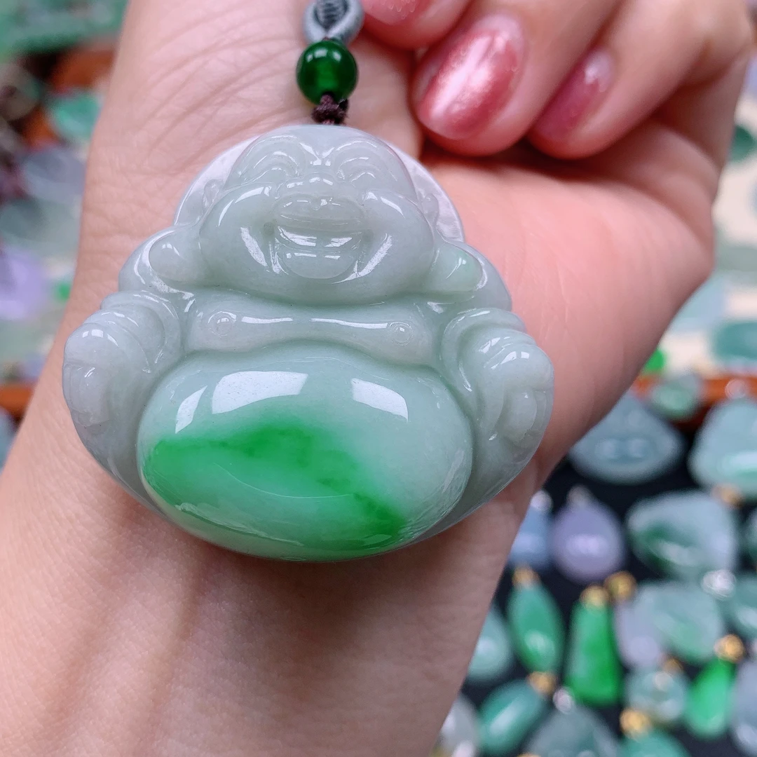 缅甸天然A货翡翠，飘绿佛公，编号446/1217尺41-44.3-14