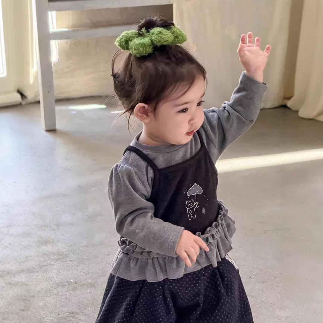 儿童套装韩系甜美花边吊带加厚打底衫冬季宝宝休闲加绒碎花灯笼裤