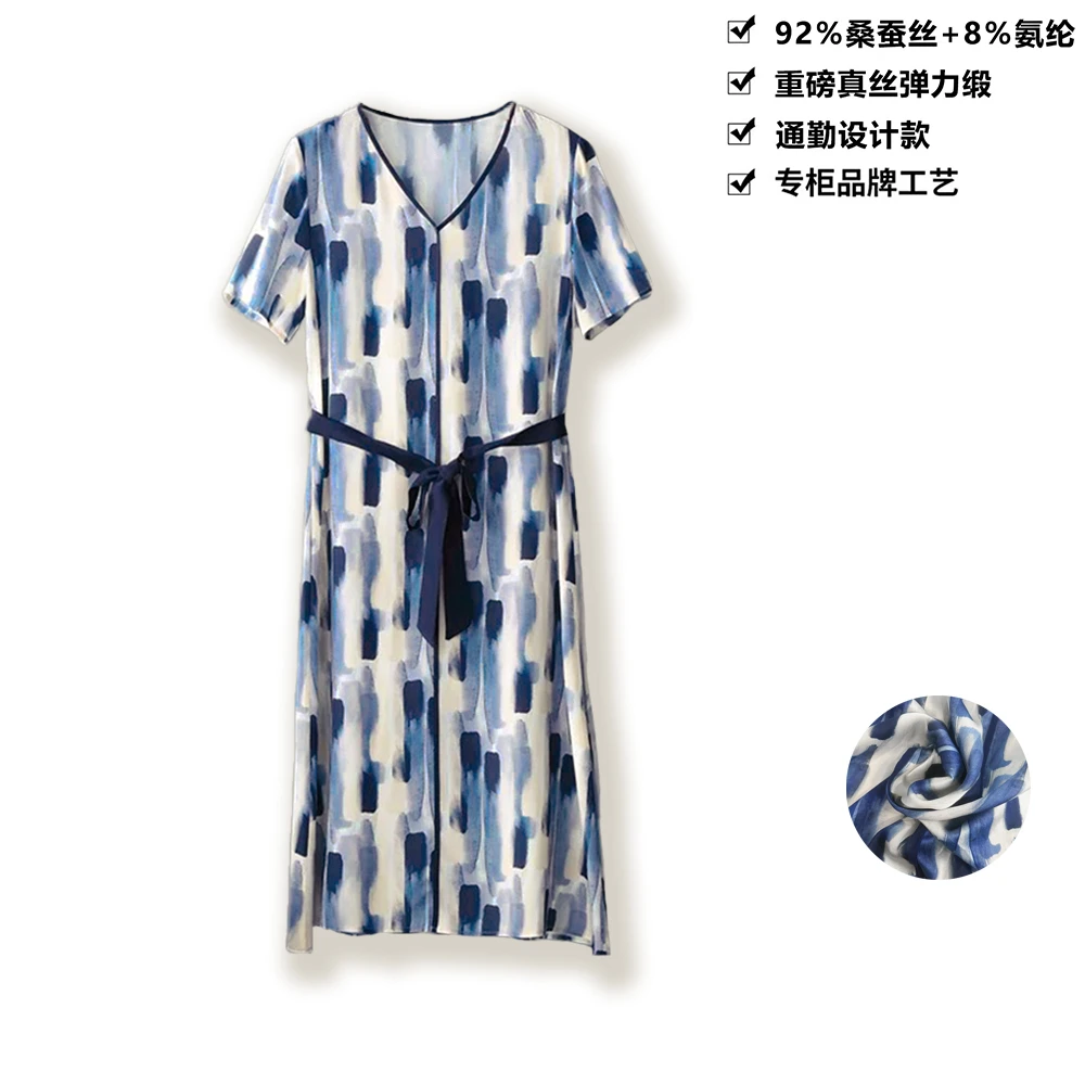 22姆米桑蚕丝弹力缎简约油画风印花V领真丝连衣裙减龄裙子LYQ23