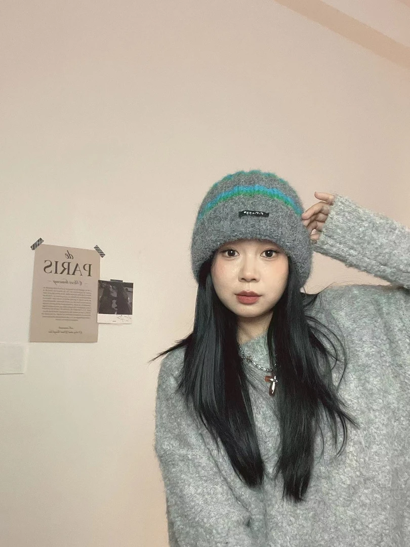 秋冬撞色条纹针织毛线帽百搭保暖护耳帽大头围显脸小冷帽