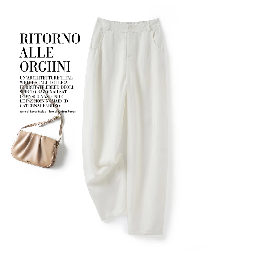 苏杭天丝亚麻阔腿裤女薄2025夏新款松紧高腰显瘦舒适透气休闲长裤