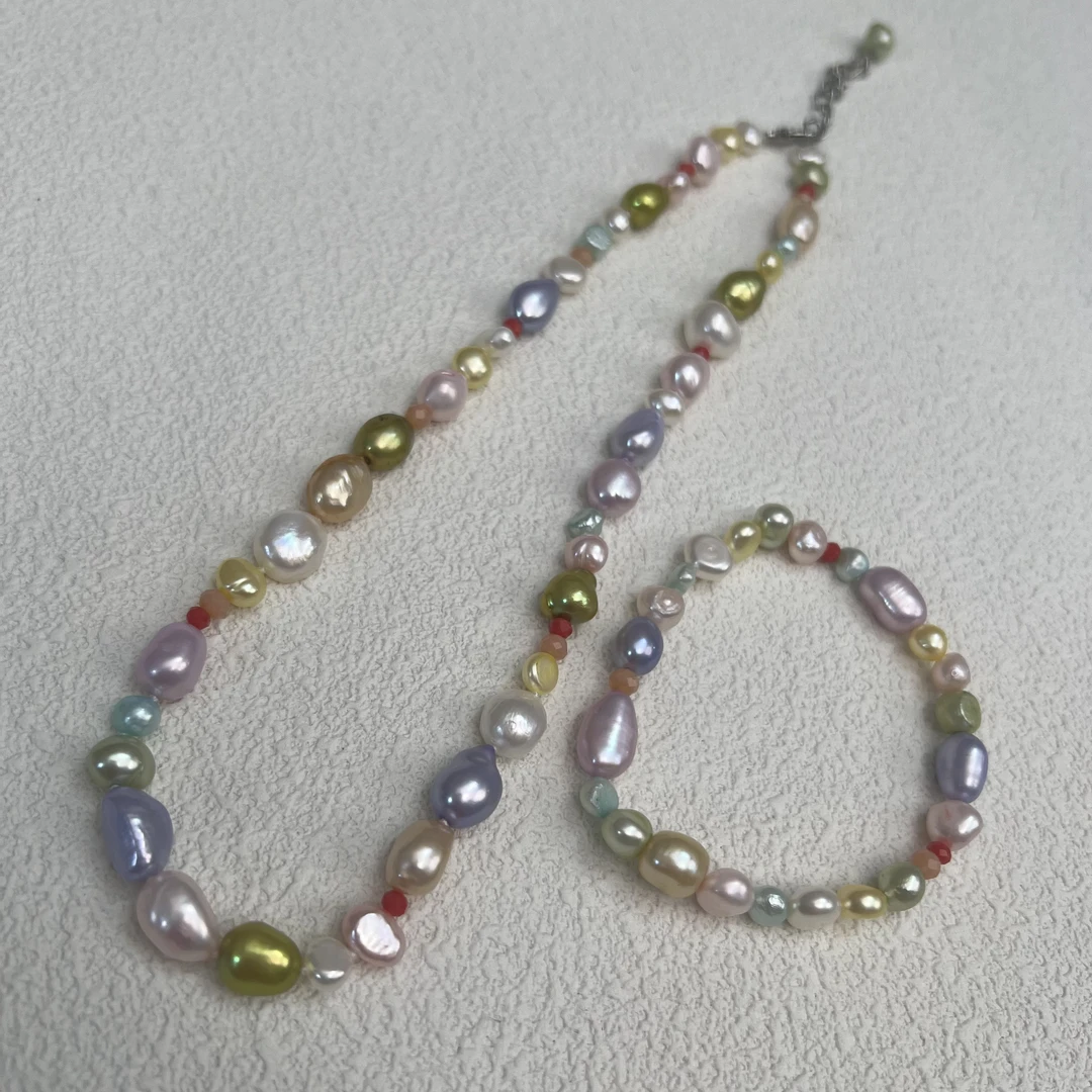 跨境爆款春彩和暖冬淡水无核巴洛克珍珠项链彩色百搭