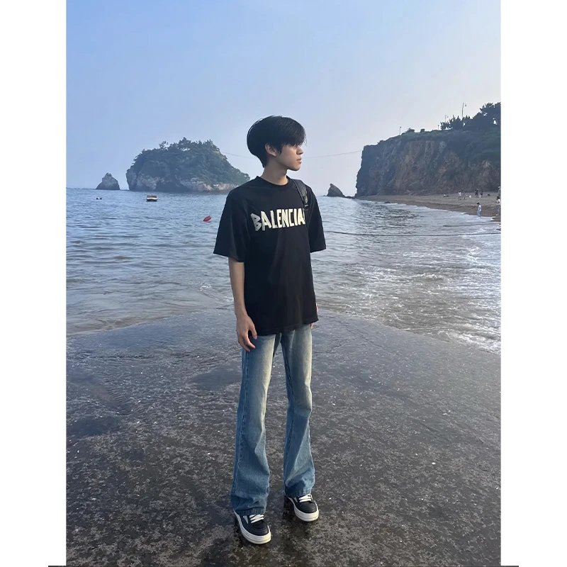 浅蓝色修身显瘦直筒牛仔裤cleanfit百搭弯刀裤美式高街vibe直筒裤