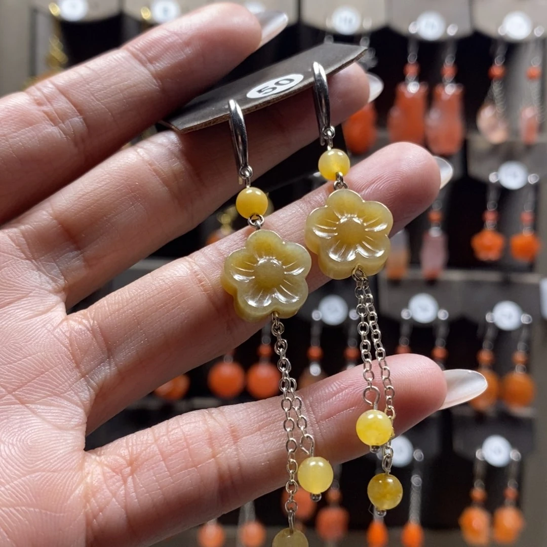 和田玉耳饰银S925镶嵌糖*子