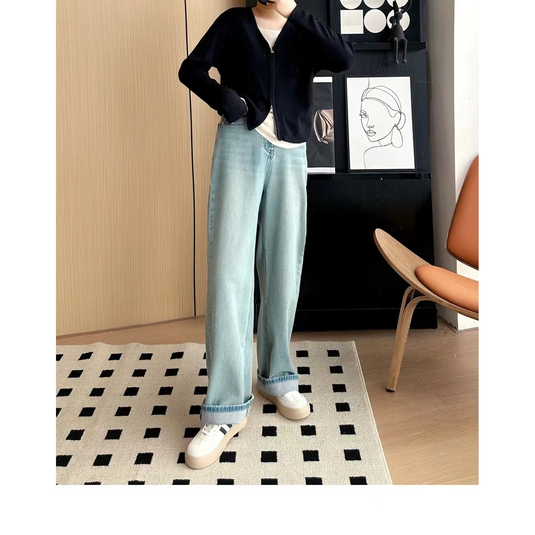水洗蓝大码阔腿牛仔裤女早秋款2025年高腰显瘦垂感直筒拖地长裤