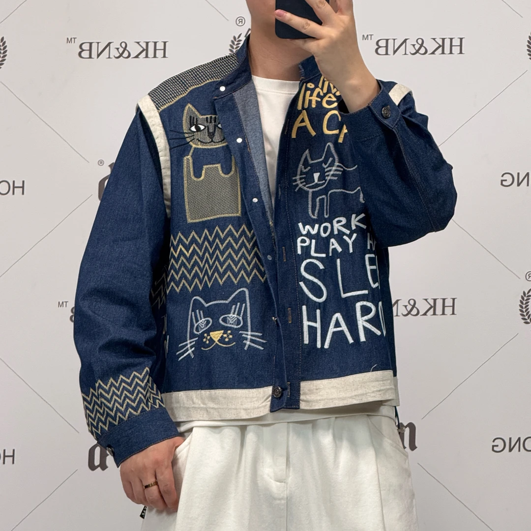 HK&NB x 艺术家系列 春秋复古拼接休闲刺绣短款夹克牛仔外套穿搭