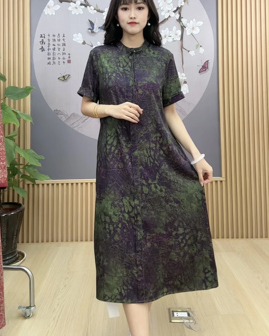 【新款上新】春夏季中式印花收腰时尚中长款气质短袖连衣裙8899