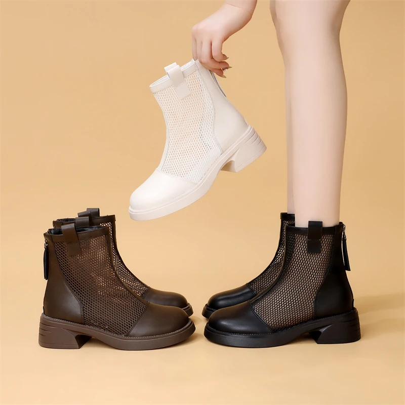 软皮厚底薄款网纱凉靴女2025春夏新款镂空马丁网靴大码透气洞洞鞋