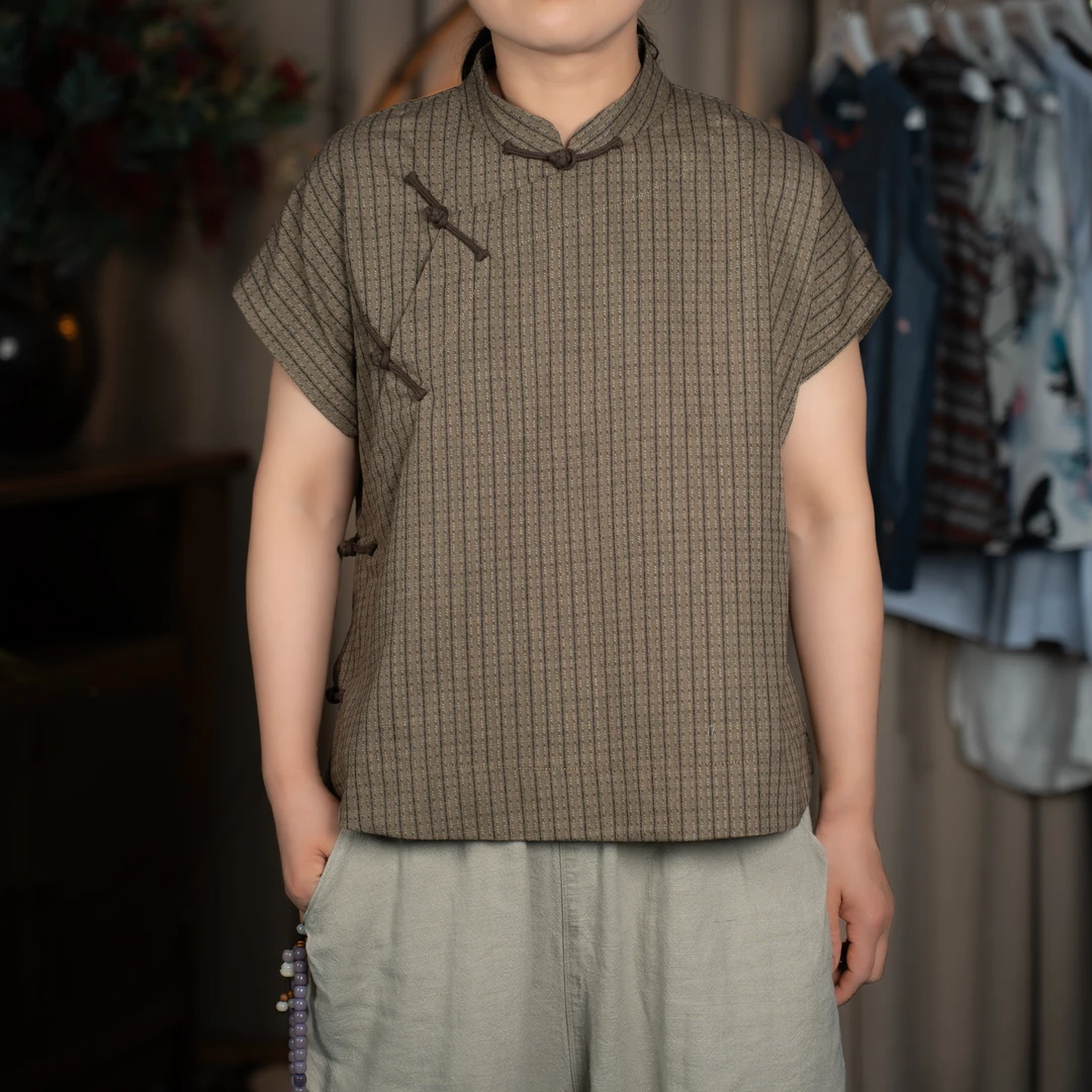 落点色织立领短袖夏季薄款斜襟宽松文艺中国风民族风休闲新中式