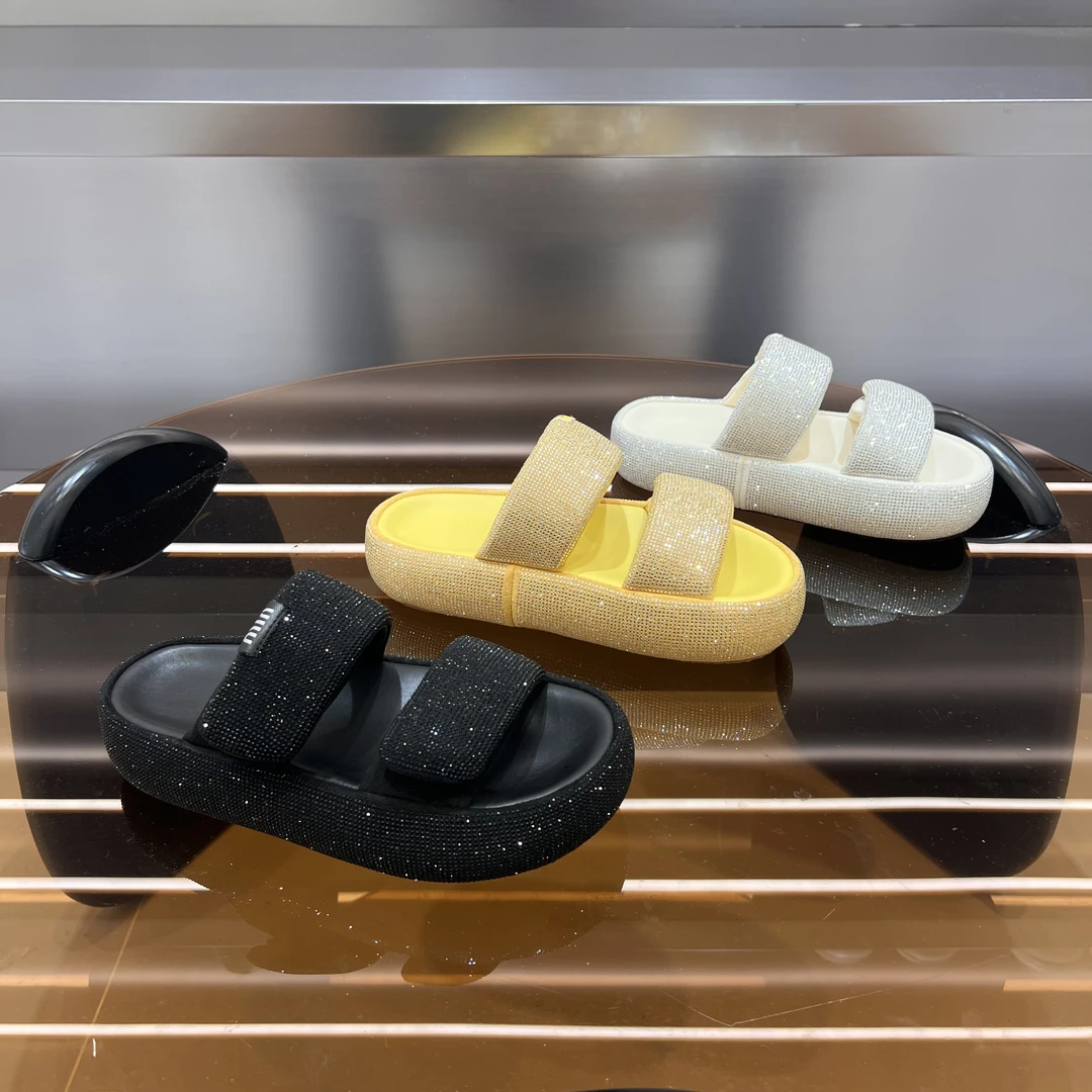 【三号 厚底满钻外穿凉拖女2025夏季新款时尚水钻防滑魔术贴一字拖