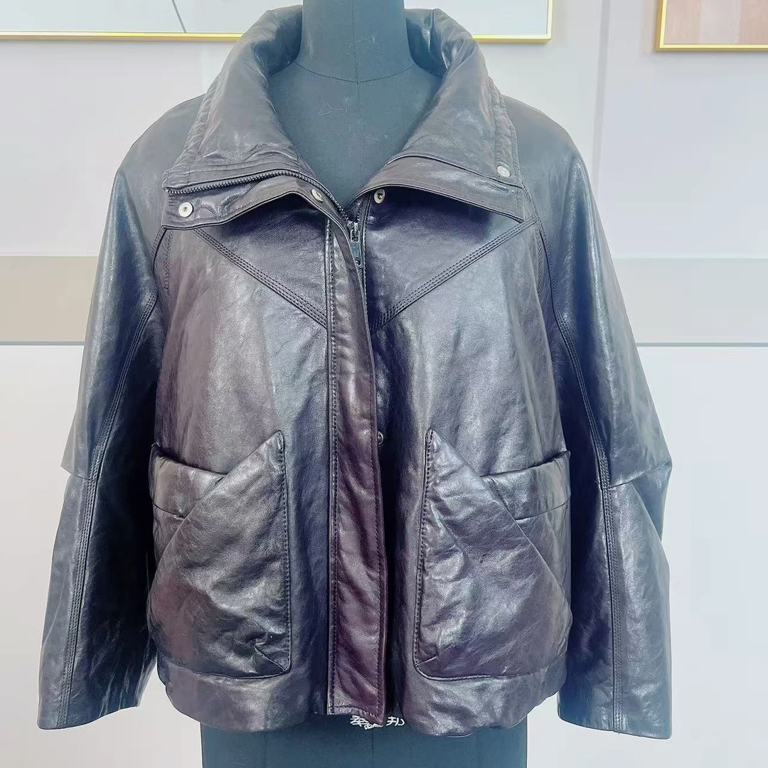 绵羊皮皮衣鹅绒宽松外套 26853冬季羽绒服休闲真皮保暖短款女款