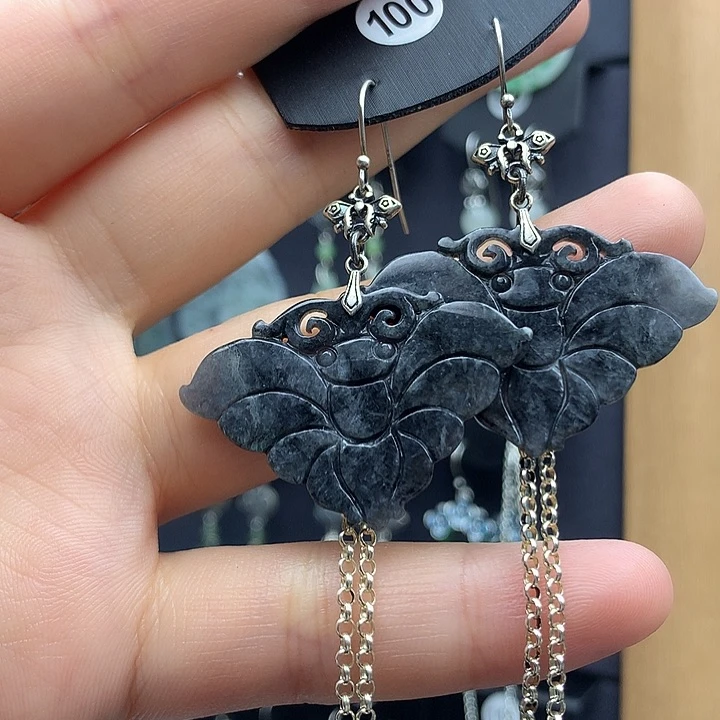 翡翠耳饰银S925镶嵌55555