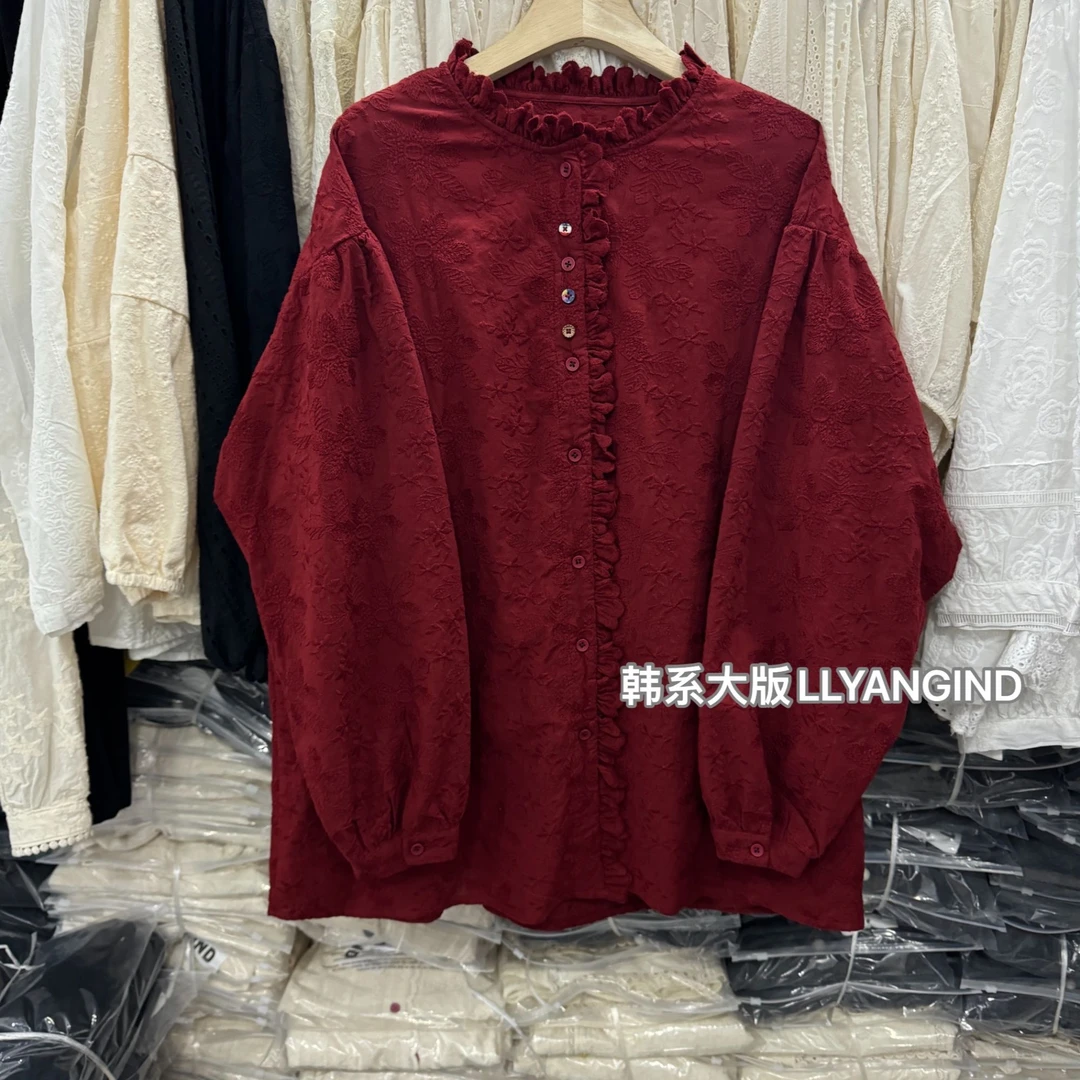 25新款春季全棉刺绣绣花木耳领红色衬衫百搭衬衫衬衣上衣内搭打底