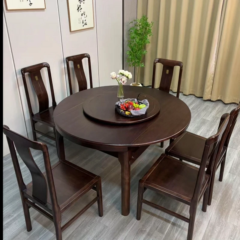 乌金木新中式实木餐桌伸缩方圆两用可伸缩家用简约饭桌乌金木餐桌