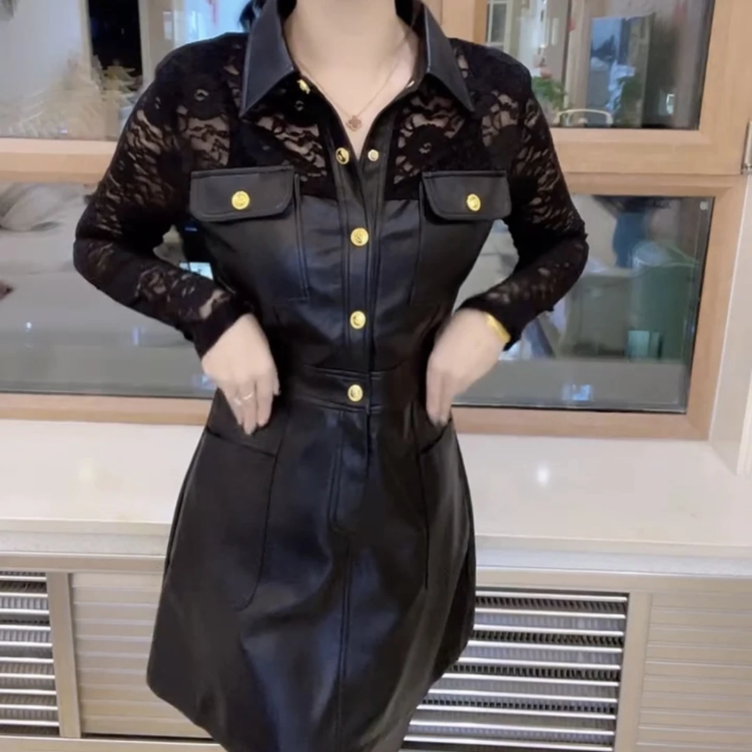 秋冬新款英伦街头风长袖翻领单排扣收腰拼皮连衣裙女