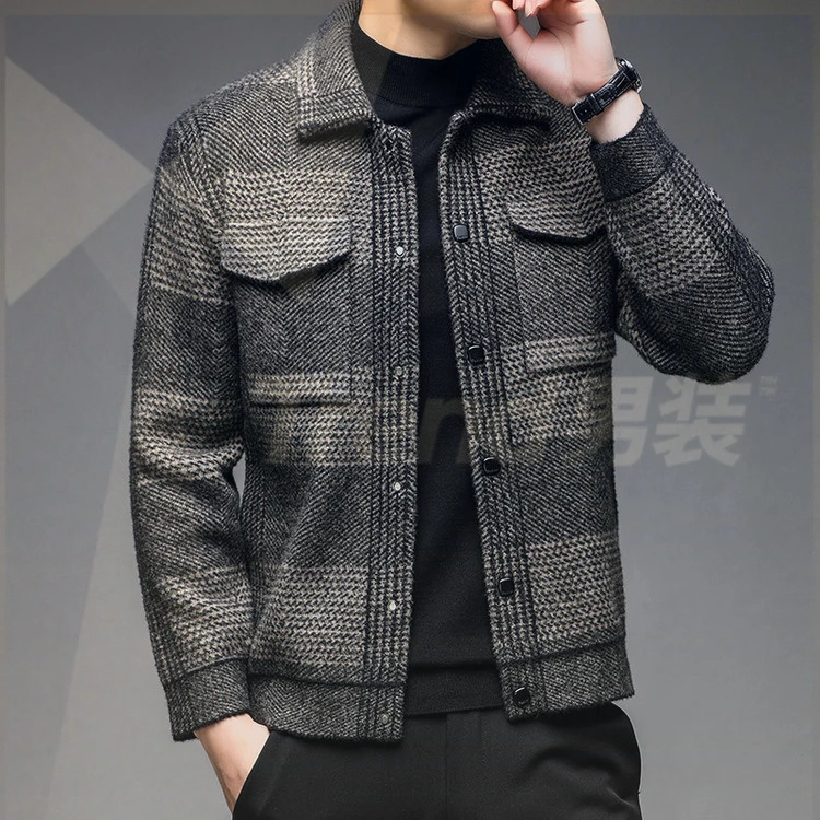 格子毛呢外套男短款韩版潮流休闲呢子大衣新款秋冬夹克风衣加棉厚