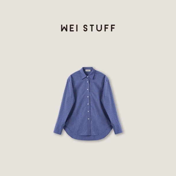 WEI STUFF 春季慵懒风时髦蓝色格纹宽松休闲长袖翻领衬衫 8079