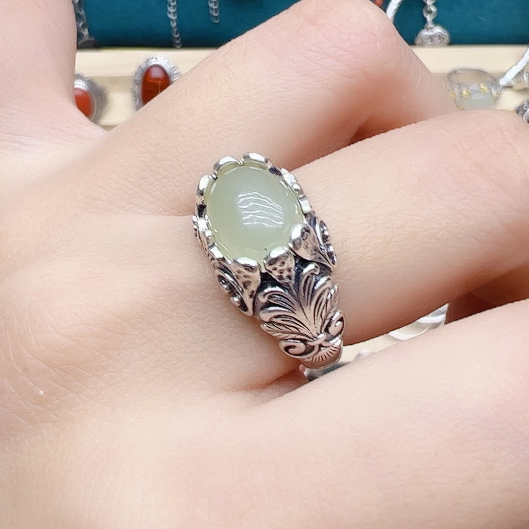 和田玉戒指银S925镶嵌