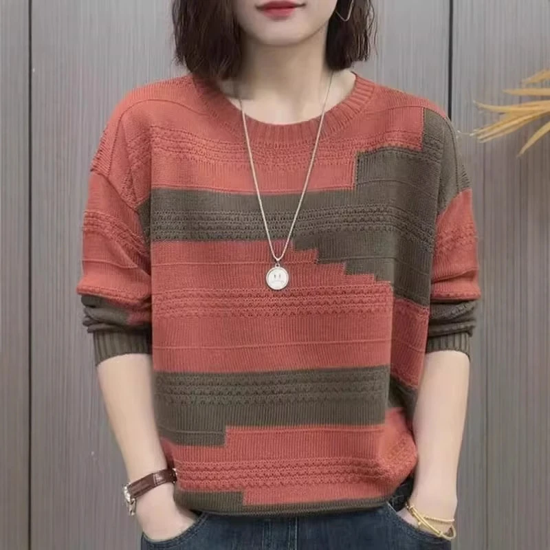 2025年春秋季撞色新款百搭韩版宽松慵懒风时尚洋气长袖t恤针上衣