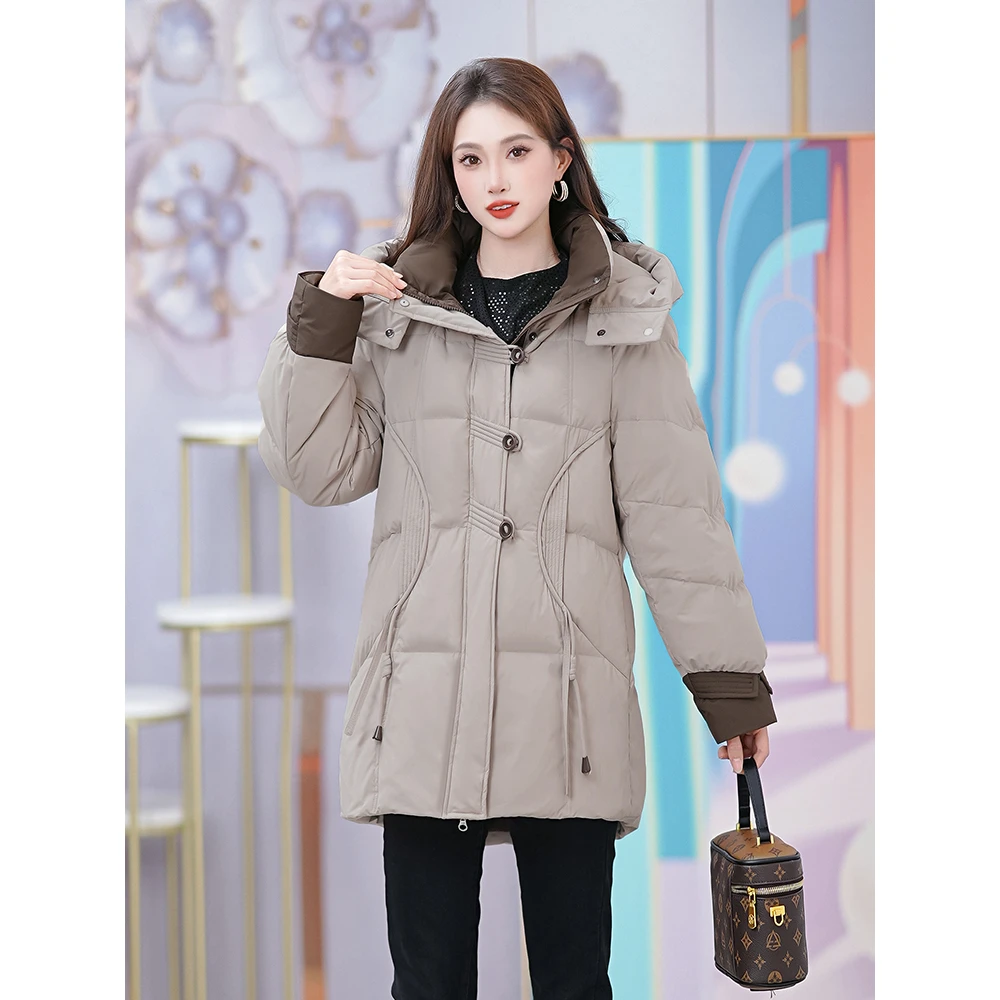 新款连帽鸭绒羽绒服厚款中长款洋气保暖时尚羽绒服女