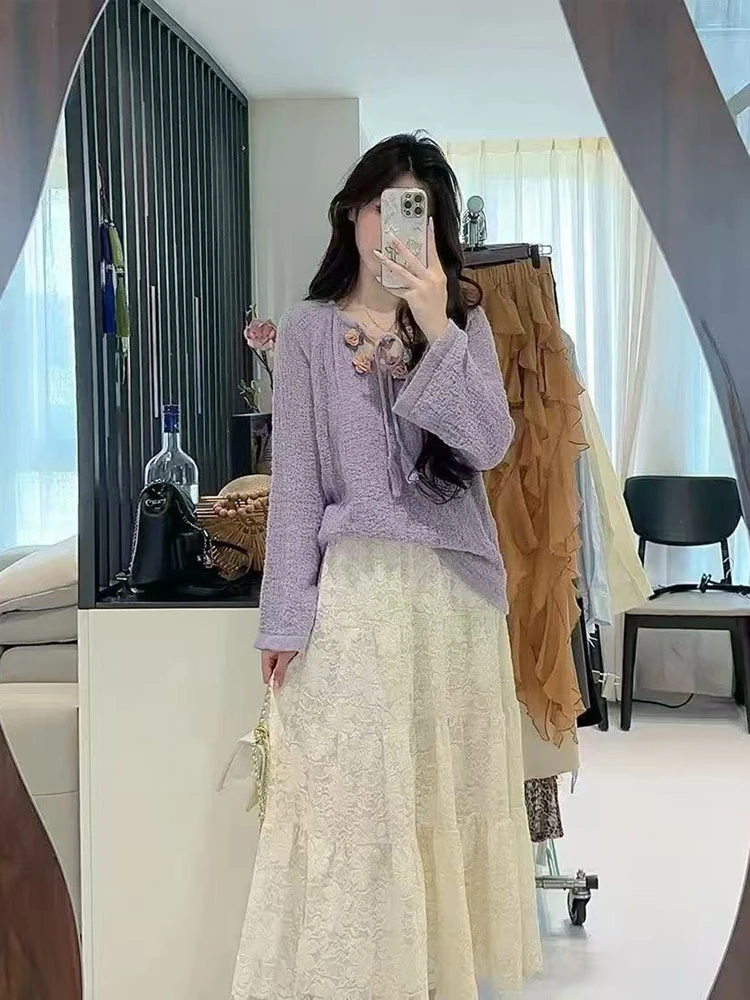 韩版氛围感仙女风重工立体花朵针织毛衣女2025早秋树皮纹软糯上衣