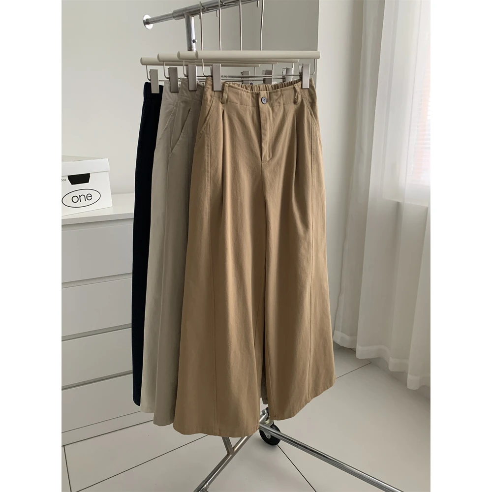 这版型巨爱！卡其色宽松高腰阔腿工装裤女秋季韩版显瘦百搭弯刀裤