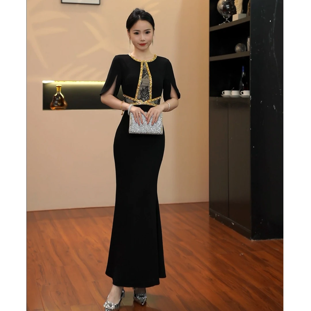 3496高级感小礼服连衣裙奢华镶钻平时可穿收腰黑色A字公主裙