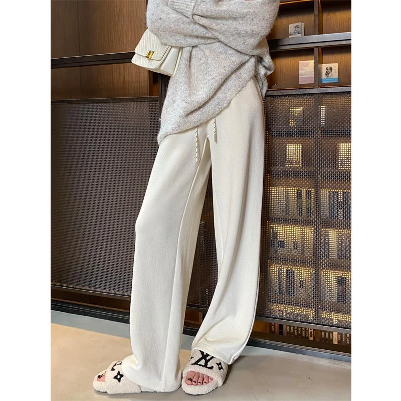 人字纹加绒阔腿裤女士秋冬加厚高腰宽松慵懒垂感休闲糯米直筒裤子