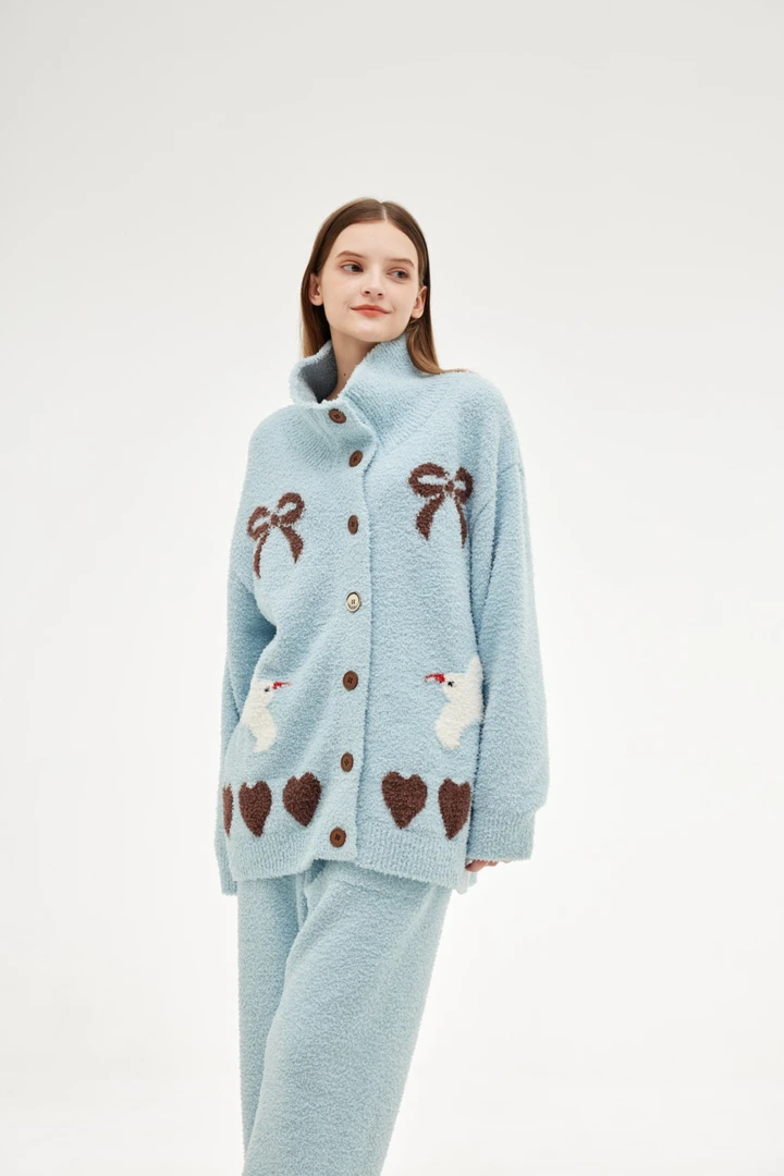 半边绒睡衣女冬季翻领开衫加厚保暖家居服套装可外穿