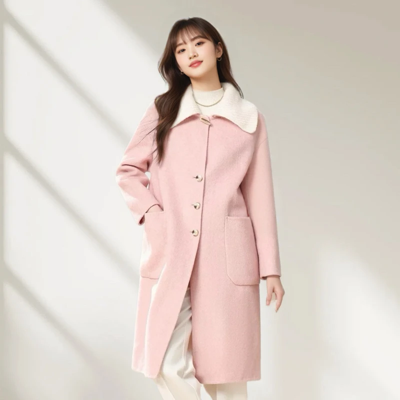 4152大衣针织领女中长厚款毛呢外套2024冬季新款