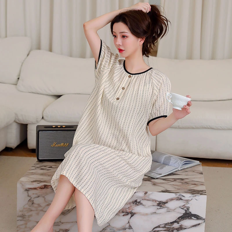 夏季新品100%纯棉A类双层棉纱睡裙女士可爱条纹气质宽松过膝裙子