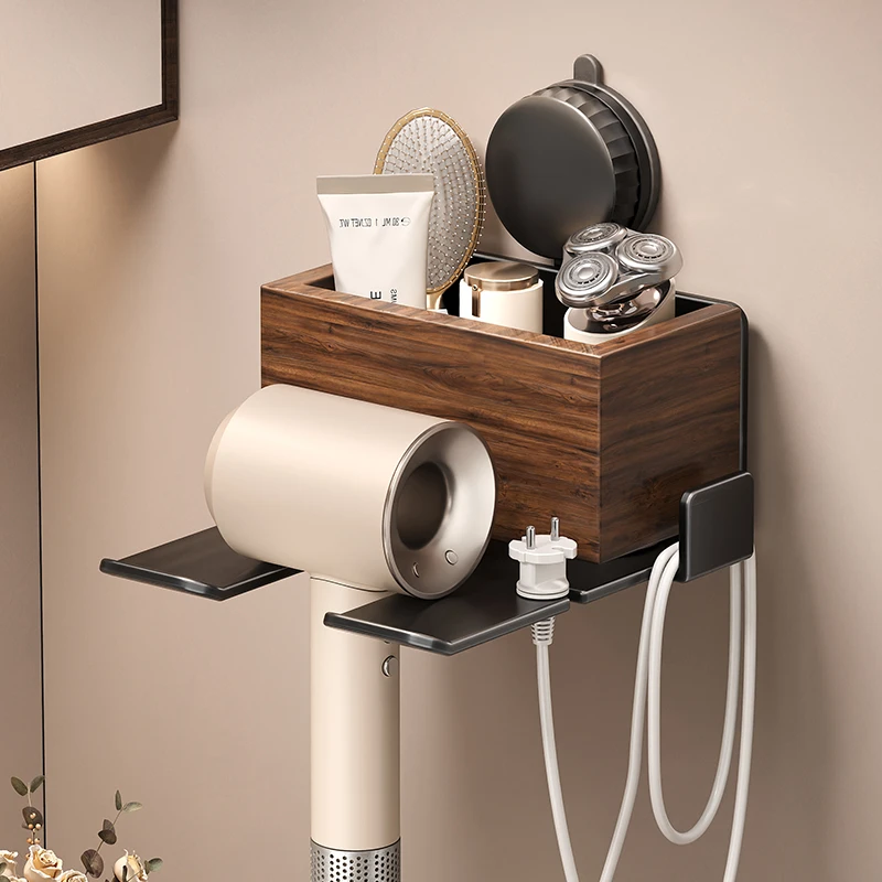 家用吹风机胡桃木置物架卫生间免打孔浴室洗漱台纸巾盒吹风筒支架