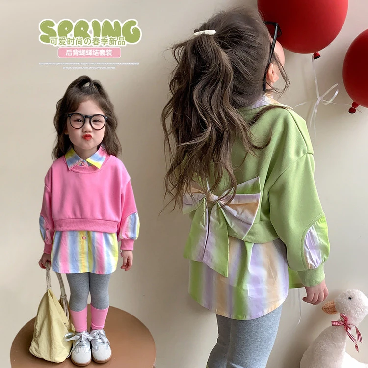 女童春装洋气套装2025新款儿童蝴蝶结衬衫领卫衣时髦两件套