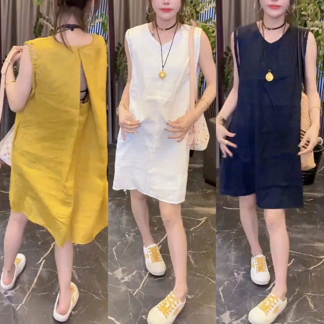 夏季新款气质时尚薄款透气无袖棉麻连衣裙宽松显瘦洋气减龄裙子
