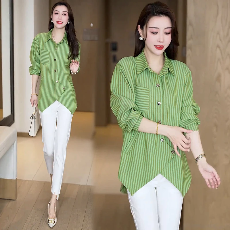 2025年新款衬衣女款春季休闲减龄竖条纹时尚显瘦宽松开衫衬衫外套