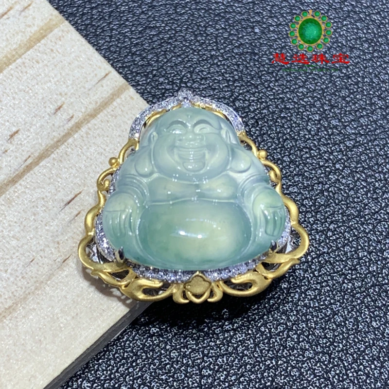 春日珠宝天然缅甸A货翡翠高冰晴绿底飘花佛公豪镶吊坠Ｈ