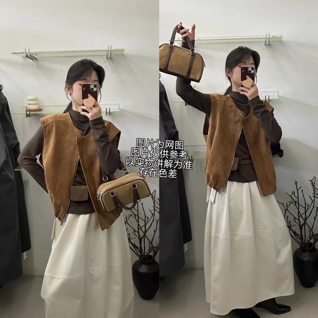 2025早秋新款大码女装韩系麂皮绒拉链花苞马甲+打底上衣+半身裙