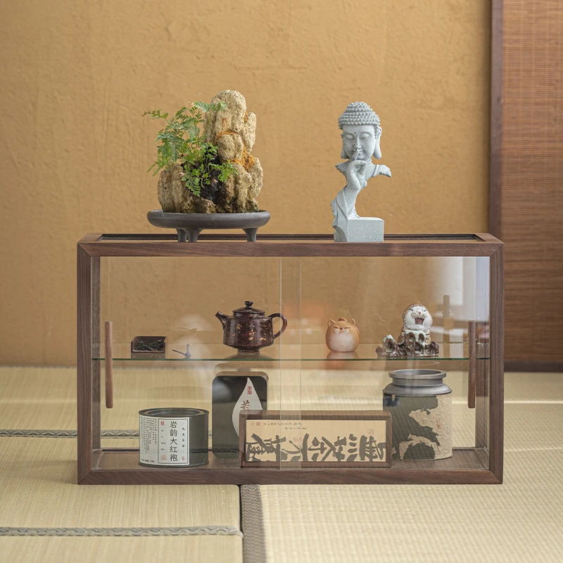 北美轻奢胡桃实木复古防尘透明玻璃茶具文玩收纳柜茶叶柜手办柜子