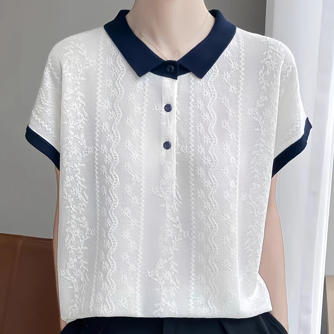 撞色Polo领 欧根纱提花气质针织衫女8855