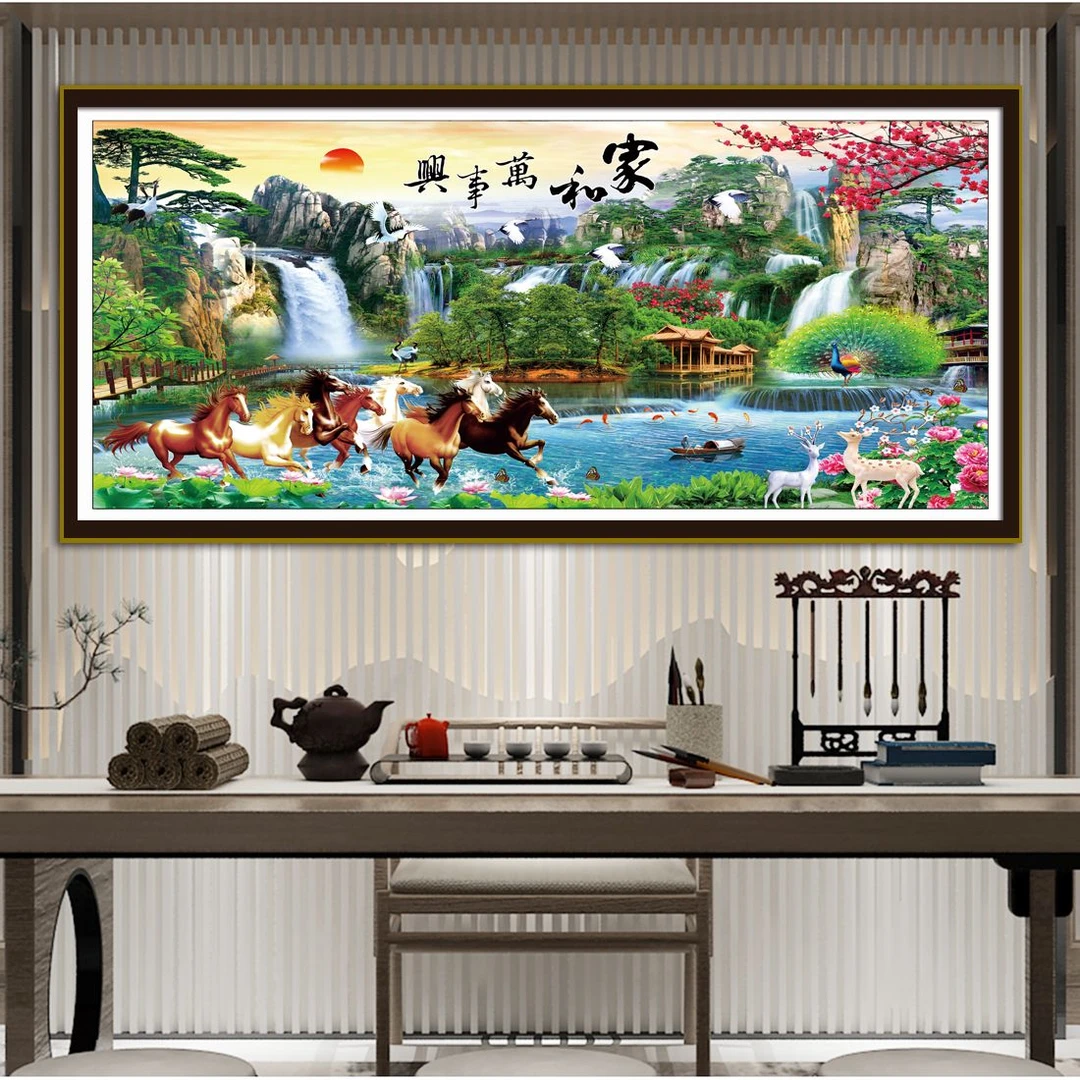 2.3大纯手工绣好十字绣成品1197家和马到成功客厅挂画