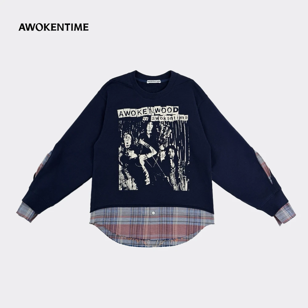 AWOKENTIME 格纹拼接假两件叠穿做旧圆领印花卫衣