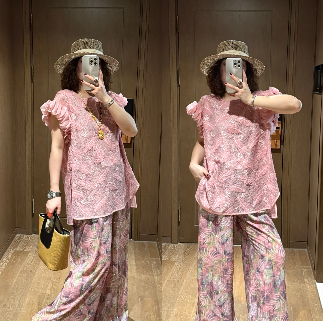 YDFSTUDIO小众【粉红少女】欧货高品重工花瓣袖设计上衣+裤子套装
