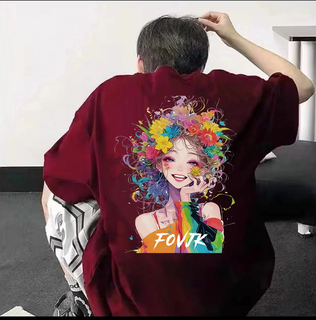 100%纯棉重磅美式国潮七彩女孩印花短袖T恤2025夏季男女同款上衣