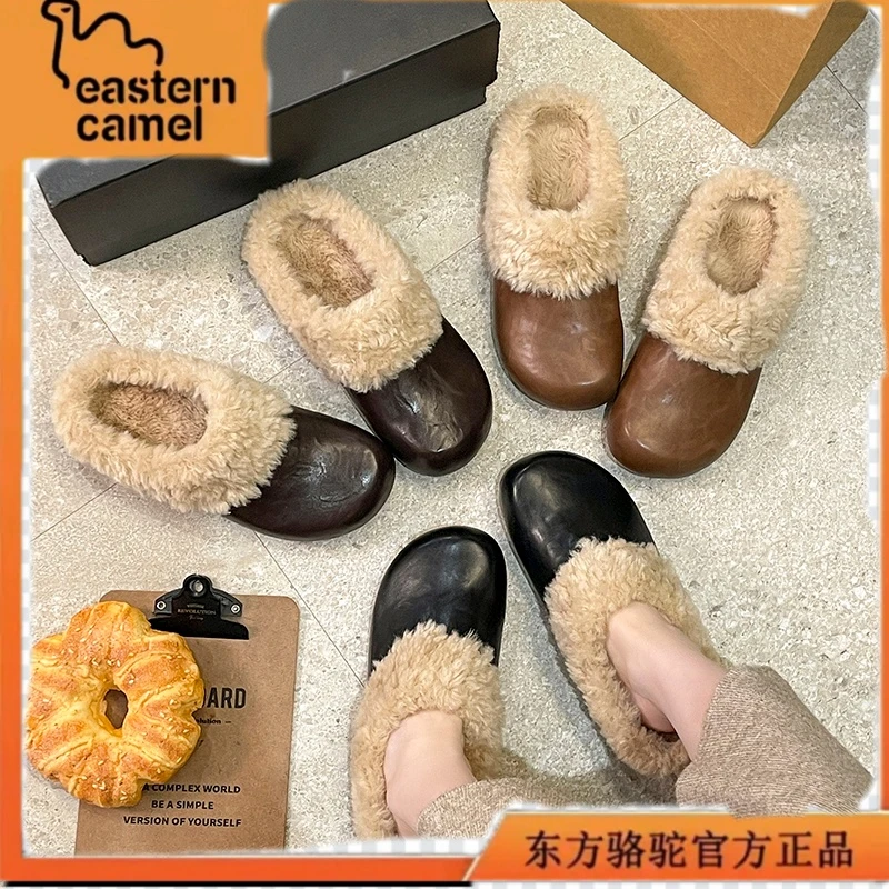 东方骆驼爆款加绒女浅口韩版时尚修面皮包头拖森系休闲妈妈鞋防滑